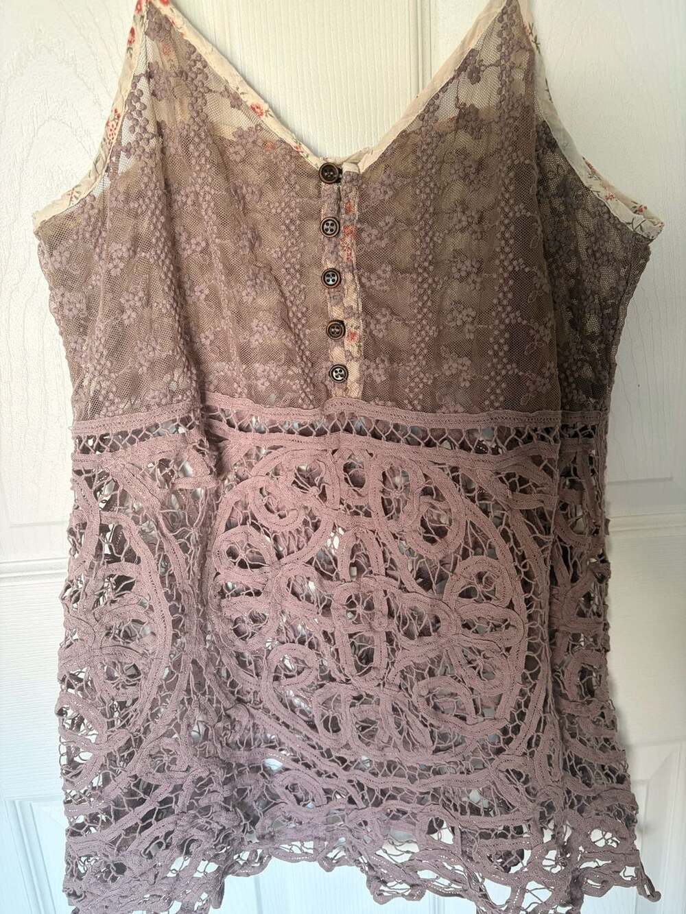 BKE Crochet Lace Button-Front Cami Top with Floral Trim